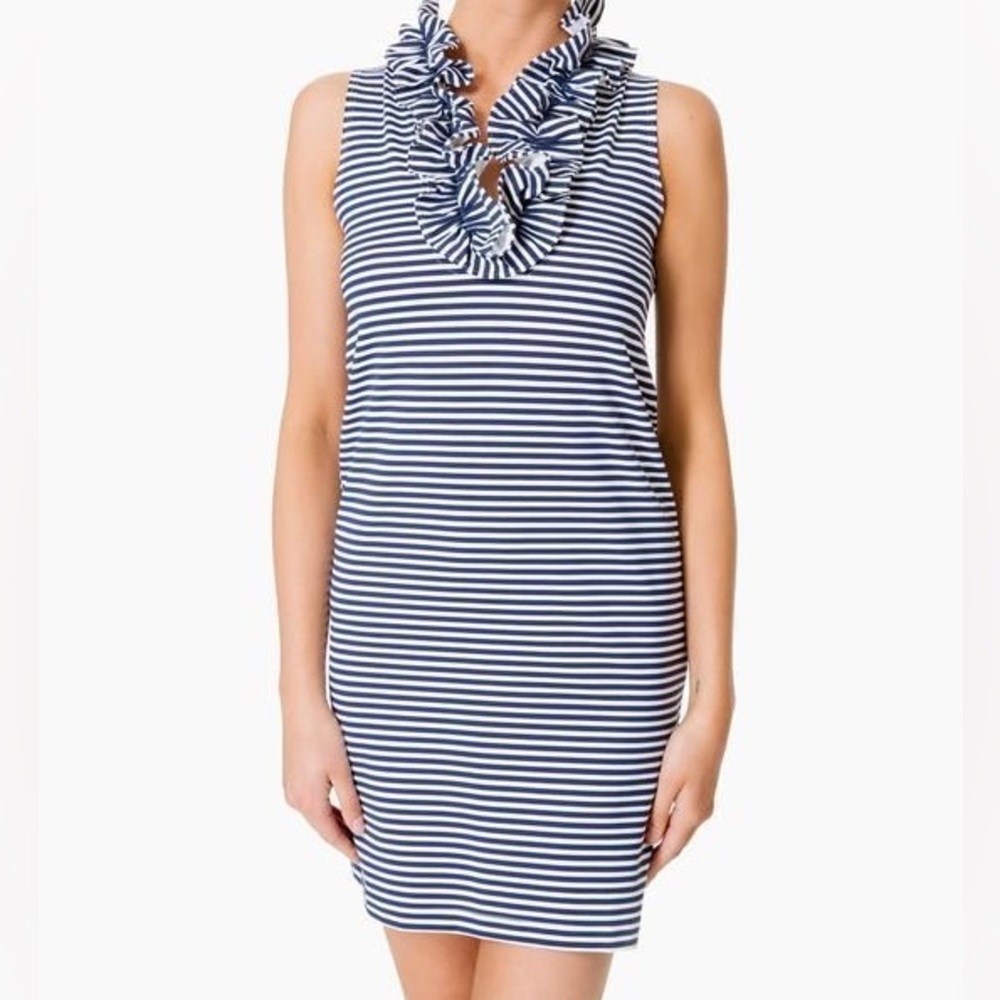 Sailor Sailor Skipper Black White Striped Sleeveless Ruffled Collar Shift Dress